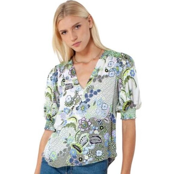 NWT Hale Bob Lime Printed Boho Short Sleeve V-Neck Silk-Blend Top XS Reg. $240 - Picture 1 of 14